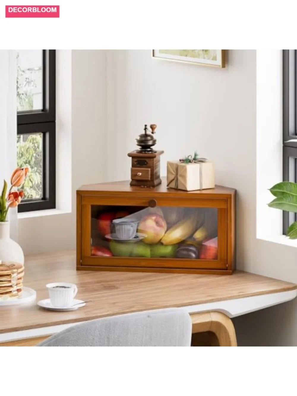 Corner Bamboo Bread Box with Magnetic Lock, Large Capacity Kitchen Countertop